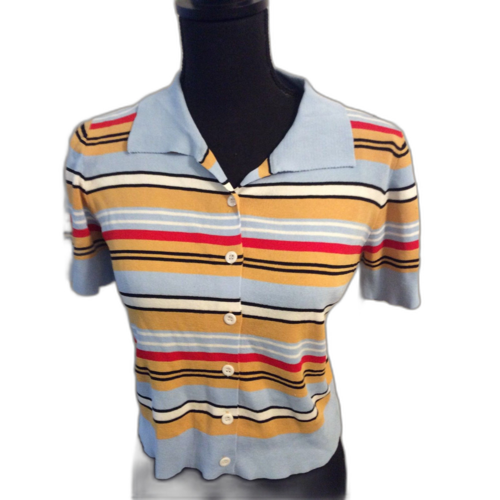 Cider Women's Button Front Knit Short sleeve Striped Top large L NEW